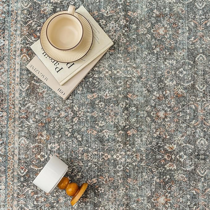 Area Rug 6x9 Gray Living Room Washable Vintage Carpet Non Slip Indoor Retro Traditional Grey Accent Throw Large Rug for Office Bedroom Dining Room Playroom