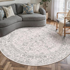 Grey Round Area Rug 8ft Entryway Door Mat Small Circle 8x8 Kitchen Vintage Carpet Non Slip Indoor Bedroom Washable Distressed Floral Retro Accent Throw Rug Office Bathroom
