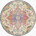 Livabliss Area Rugs - 7ft Round Romaine Vintage Boho Fuchsia Mustard Blue Round Area Rug for Living Room Bedroom - Floral Medallion Stain Resistant Carpet for Kitchen, Nursery, Office (6'7" Round)