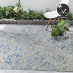 FH Home Outdoor Area Rug - Waterproof Easy to Clean Stain Resistant - Patio Indoor Outdoor Porch Deck Balcony Entryway - Distressed Farmhouse - Granada - Blue - 7ft 8in x 9ft 8in