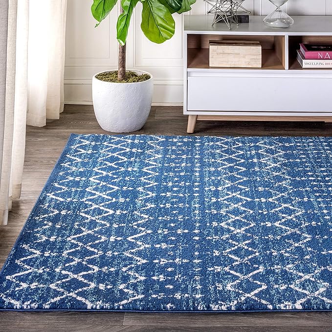 JONATHAN Y Boho Vintage Diamond Blue/White Indoor Area Rug 8X10 ft, Moroccan Hype for Living Room, Bedroom, Kitchen, Office, Easy-Cleaning, High Traffic, Pet-Friendly, Non-Shedding (MOH101A-8)