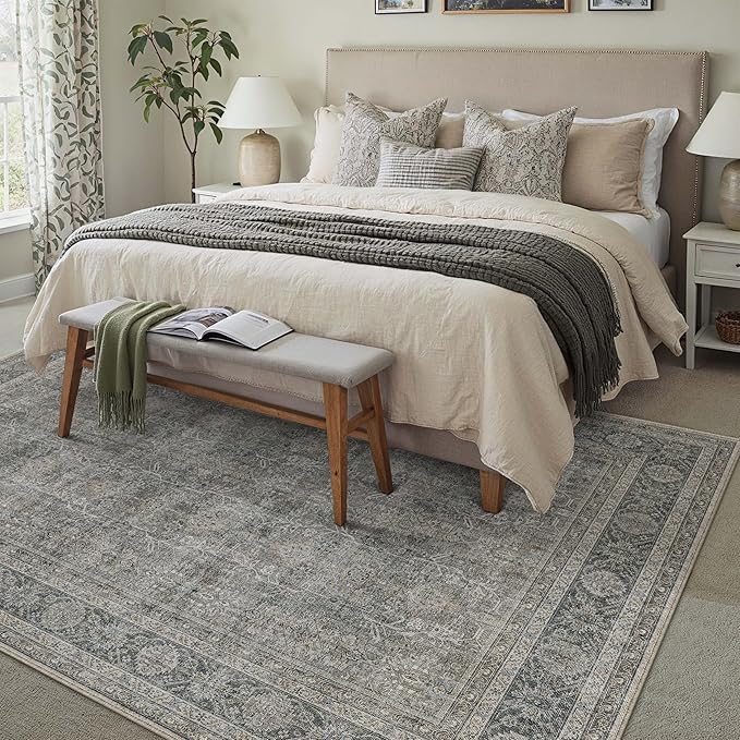 Vintage Area Rug 4x5 Grey Brown Entryway Office Washable Carpet Non Slip Bedroom Indoor Living Room Door Mat Low Pile Traditional Distressed Retro Accent Rug for Dining Room Bathroom Kitchen