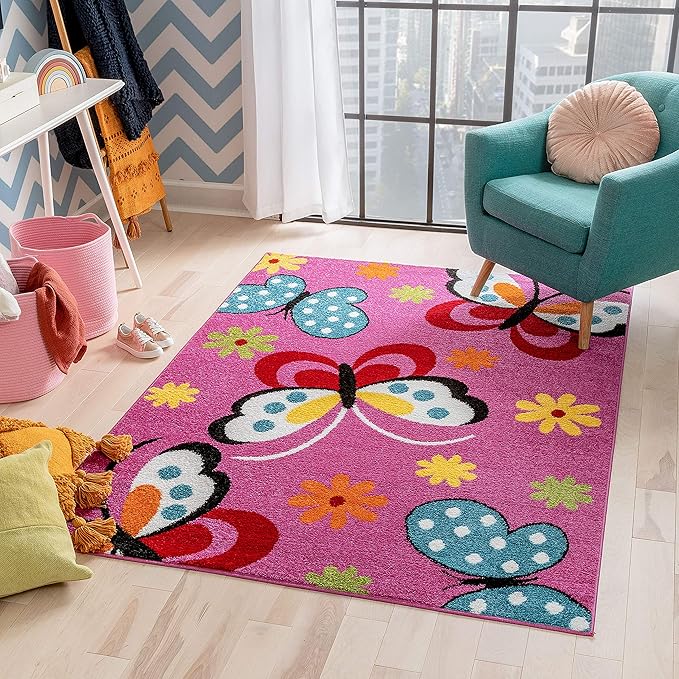 Well Woven Modern Rug Daisy Butterflies Pink 3'3'' x 5' Accent Entry Way Bright Kids Room Kitchn Bedroom Carpet Bathroom Soft Durable Area Rug