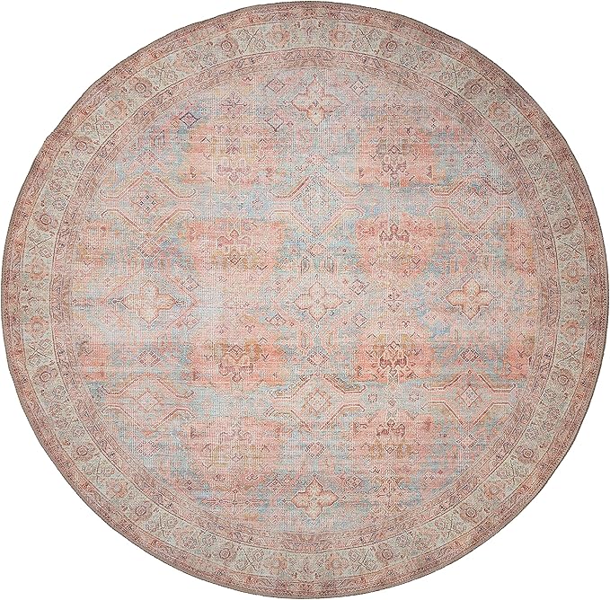 GLN Rugs Traditional Collection - Machine Washable Area Rug, Traditional Washable, Non Slip, Low Pile Chenille Rug, Living Room, Bedroom, Kitchen Rug (5'3" Round Terra/Multicolor 1153)