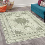 Ambesonne Sun and Moon Decorative Rug, Bohemian Artwork Design of Crescent Solar Ornament Esoteric Stars Ornaments, Quality Carpet for Bedroom Dorm and Living Room, 5' 1" X 7' 5", Pale Reseda
