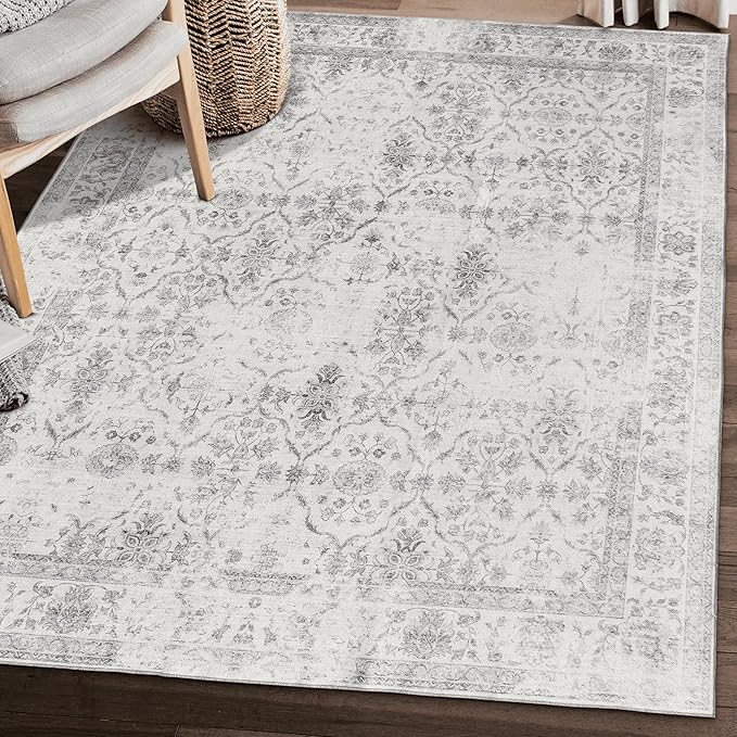ReaLife Rugs Machine Washable Area Rug Runner - Living Room Bedroom Bathroom Kitchen Entryway Office - Padded Low Pile Stain Resistant Premium - Boho Farmhouse Vintage - Noor - Ivory Grey 3' x 5'