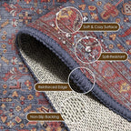 Washable Area Rug 9' x 12' Vintage Traditional Persian Mat - Foldable Distressed Non-Slip Machine Washable Carpet for Living Room Bedroom Kitchen Home Decor - Indigo and Crimson