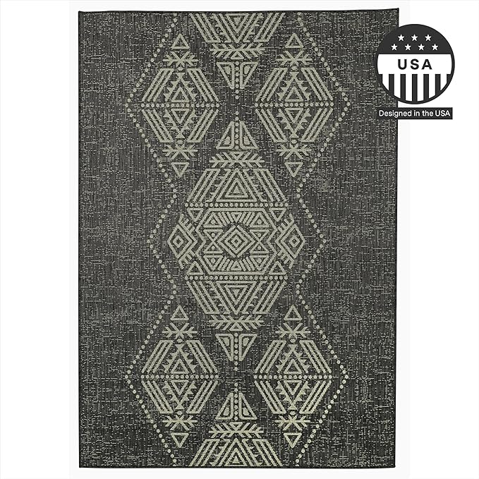 FH Home Flat Woven Outdoor Rug - Waterproof, Easy to Clean, Stain Resistant - Premium Polypropylene Yarn - Boho Moroccan - Large Patio, Deck, Sunroom - Ariana - Charcoal - 7ft 8in x 9ft 8in