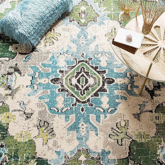 SAFAVIEH Monaco Collection Runner Rug - 2'2" x 10', Forest Green & Light Blue, Medallion Distressed Design, Non-Shedding & Easy Care, Ideal for High Traffic Areas in Living Room, Bedroom (MNC243F)