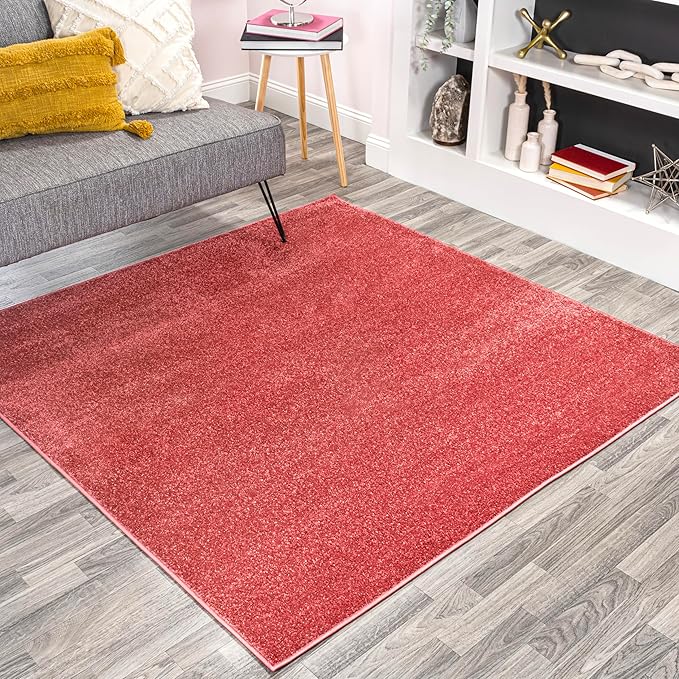 Eyely UES100E-6SQ Haze Solid Low-Pile Red 6' Square Area Rug, Pet Friendly, Stain Resistant, Easy Cleaning, for Bedroom, Living Room, Kitchen