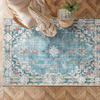 MUJOO Boho Rug 3'x5' Machine Washable Teal Small Area Rugs for Entryway Bedroom Bedside Kitchen Hallway Living Room Laundry Room Indoor Mat Soft Low-Pile Blue Floral Non Slip