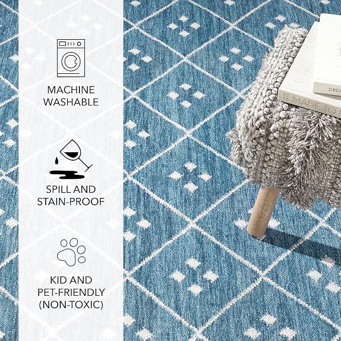 Dash and Albert Kota Machine Washable Area Rug - 3' x 5' Indigo - Diamond Accent Rug - Anti-Slip Backing, Lightweight, Machine Washable, High Traffic Areas Kitchen, Mudroom, Laundry Room