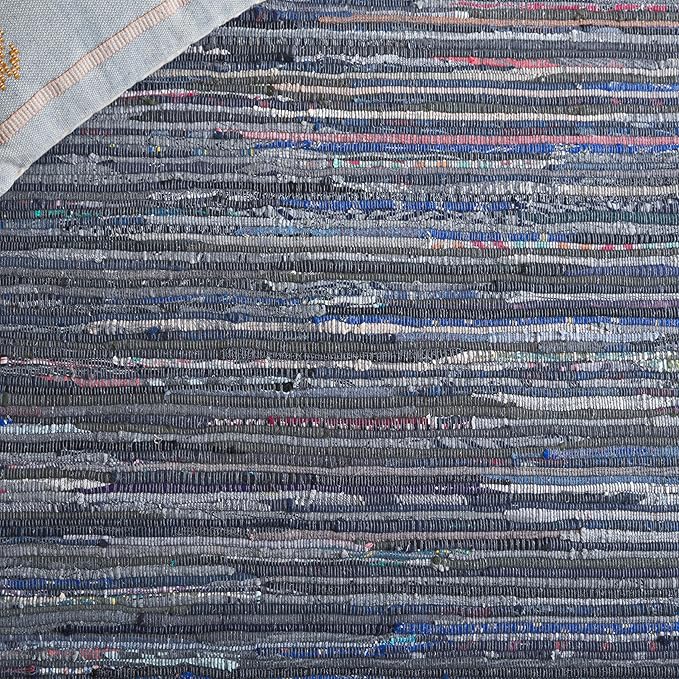 SAFAVIEH Rag Rug Collection Area Rug - 6' Square, Ink & Multi, Handmade Boho Stripe Cotton, Ideal for High Traffic Areas in Living Room, Bedroom (RAR121C)