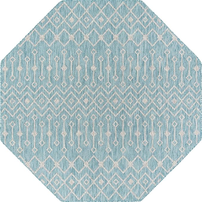 Unique Loom Outdoor Trellis Collection Area Rug - Tribal Trellis (7' 10" Octagon, Aqua/ Ivory)