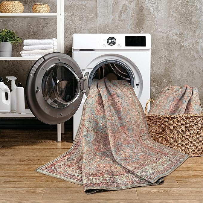 GLN Rugs Traditional Collection - Machine Washable Area Rug, Traditional Washable, Non Slip, Low Pile Chenille Rug, Living Room, Bedroom, Kitchen Rug (4' x 6' Terra/Multicolor 1153)