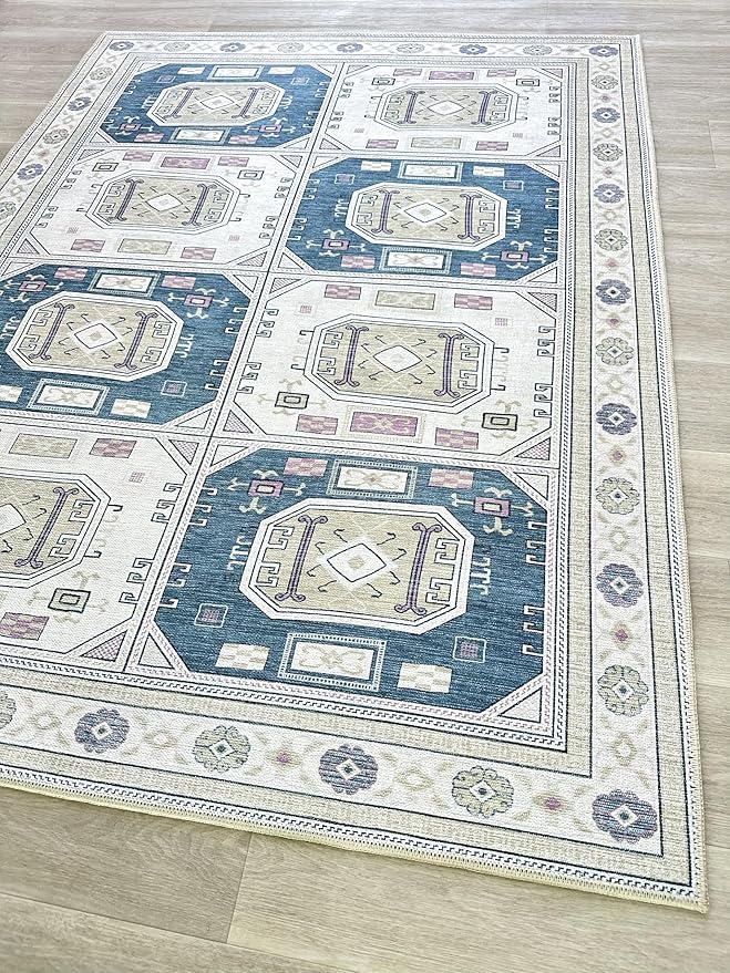 Fame Living Faded Oushak Rug, Turkish Vintage Floral Pastel Large Oversized Area Rugs for Living Room Dining Bedroom Kitchen Bathroom Nursery (848CrNv, 2' x 3')
