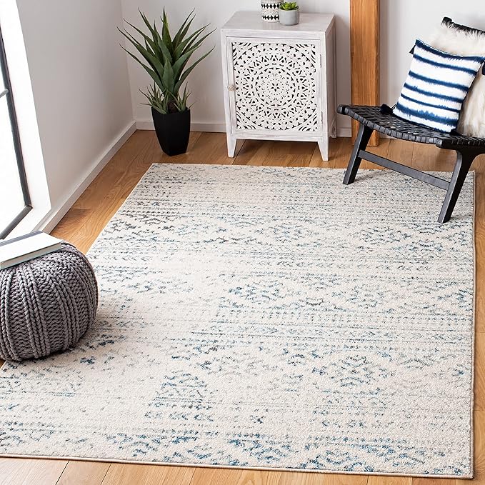 SAFAVIEH Tulum Collection Area Rug - 5' Square, Ivory & Turquoise, Moroccan Boho Tribal Design, Non-Shedding & Easy to Clean, Ideal for Living Room, Bedroom, Dining Space (TUL272E)
