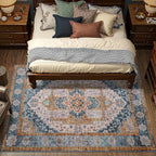 YJ.GWL Area Rugs for Living Room 5x7 Machine Washable Rugs, Non Slip Floral Vintage Rug Indoor Carpet, Stain Resistant Large Rug for Bedroom Dining Room, Brown Blue
