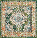 SAFAVIEH Monaco Collection Area Rug - 10' Square, Forest Green & Light Blue, Medallion Distressed Design, Non-Shedding & Easy Care, Ideal for High Traffic Areas in Living Room, Bedroom (MNC243F)