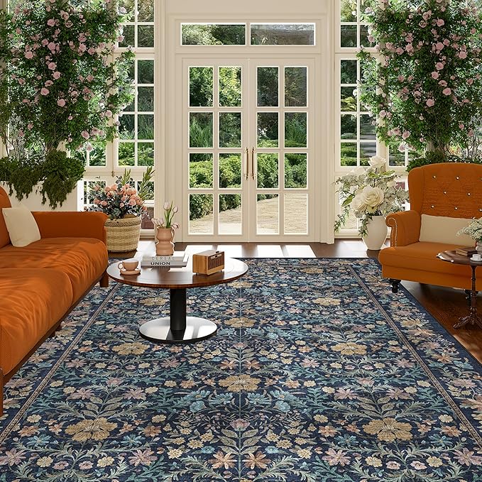 DUKINO 6x9 Rugs for Living Room, Vintage Washable Rug with Non Slip Backing, Floral Low Pile & Non-Shedding Large Area Carpets for Bedroom, Dining Room, Farmhouse, Home Office, Dark Blue