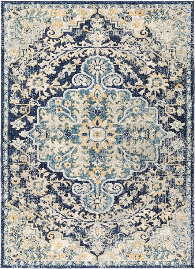 Livabliss Area Rugs - 5x7 Odelia Vintage Boho Blue Aqua Slate Area Rug for Living Room Bedroom - Floral Medallion Stain Resistant Carpet for Kitchen, Nursery, Office (5'3" x 7'3")
