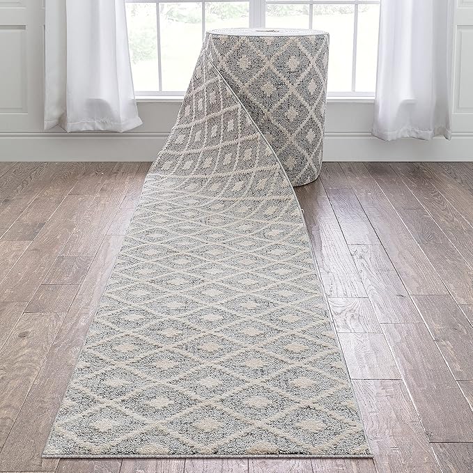 Well Woven Custom Size Hallway Stair Runner - Choose Your Length - Ainsley Grey Diamond Trellis Geometric Tribal - 27 Inches Wide x 85 Feet Long Runner (27" x 85' Runner) Rug