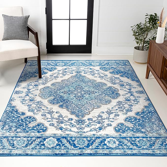 JONATHAN Y Boho Vintage Cream/Blue Indoor Area Rug, 4x6, Bohemian Flair Medallion, Floral Easy-Cleaning High Traffic for Living Room, Bedroom, Kitchen, Pet-Friendly, Non-Shedding (BMF106B-4)