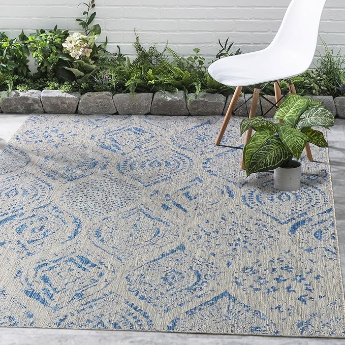 FH Home Outdoor Area Rug - Waterproof Easy to Clean Stain Resistant - Patio Indoor Outdoor Porch Deck Balcony Entryway - Distressed Farmhouse - Granada - Blue - 7ft 8in x 9ft 8in