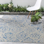 FH Home Outdoor Area Rug - Waterproof Easy to Clean Stain Resistant - Patio Indoor Outdoor Porch Deck Balcony Entryway - Distressed Farmhouse - Granada - Blue - 7ft 8in x 9ft 8in