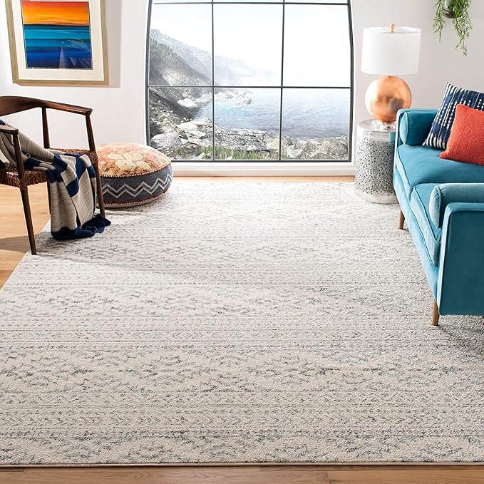 SAFAVIEH Tulum Collection Area Rug - 6'7" Square, Ivory & Grey, Moroccan Boho Tribal Design, Non-Shedding & Easy to Clean, Ideal for Living Room, Bedroom, Dining Space (TUL272A)