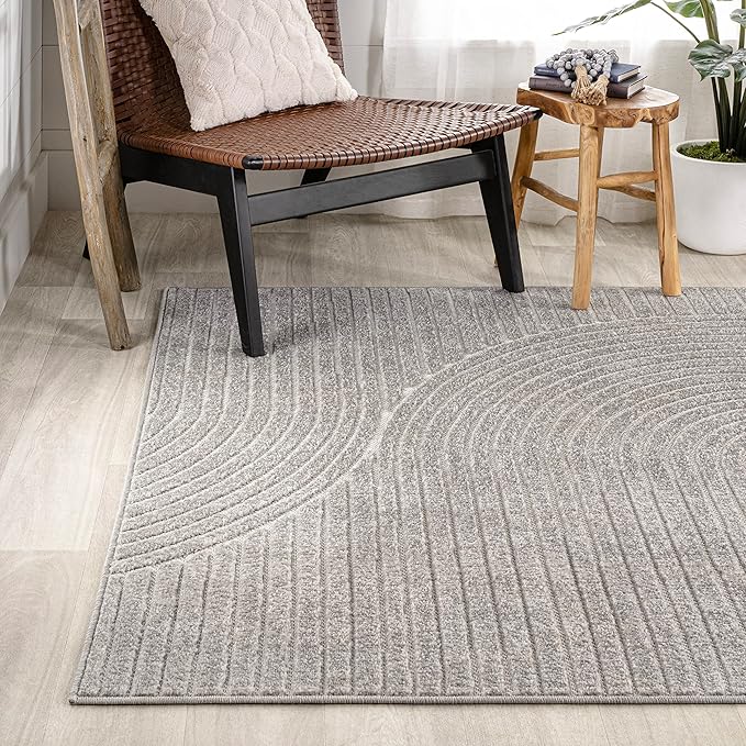 JONATHAN Y Hallie High-Low Curve Gray/Ivory Indoor/Outdoor Area Rug, 4x6, Minimalist, Pet Friendly, Non-Shedding, Stain Resistant, Hose-Washable for Backyard, Patio, Porch (SCN100A-4)