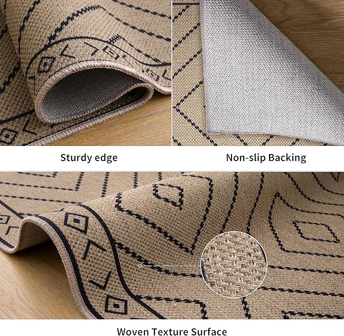 Tangsoo Modern Easy Jute 4x6 Outdoor Rug for Living Room,Ultra Thin Washable Area Rug,Geometric Indoor Carpet Farmhouse Non-Slip Throw Mat for Bedroom Dining Room Patio Front Porch