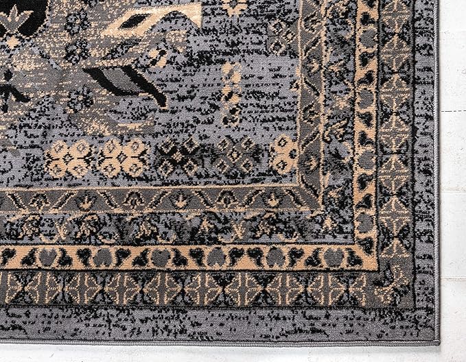 Unique Loom Taftan Collection Border Geometric Tribal Inspired Design Area Rug (8' 0 x 10' 0 Rectangular, Gray/ Black)