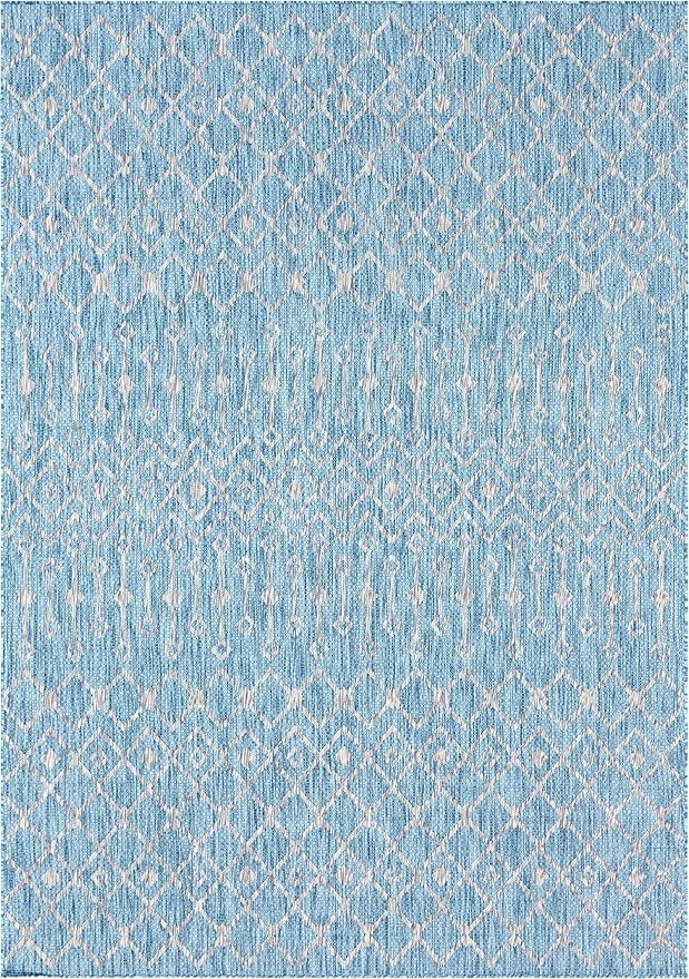 Unique Loom Outdoor Trellis Collection Area Rug - Tribal Trellis (8' x 8' Rectangle, Aqua/ Ivory)