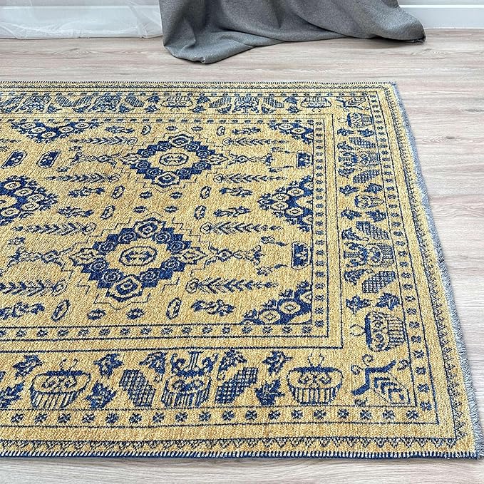 Alfa Rich 3x5 Gold Navy Blue Washable Area Rugs for Living Room Bedroom Kitchen Dining Cotton Runner