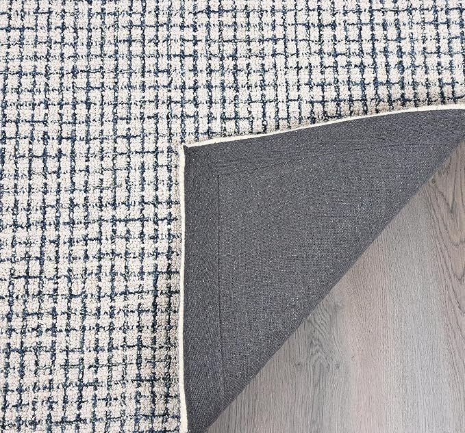 Hand-Tufted 100% Wool Pile Area Rug – Geometric Textured Grid Check Pattern – Thick and Durable Floor Carpet for Bedroom, Living Room, Kids Room, and Dining Area (Ivory, Denim, 6' x 6')