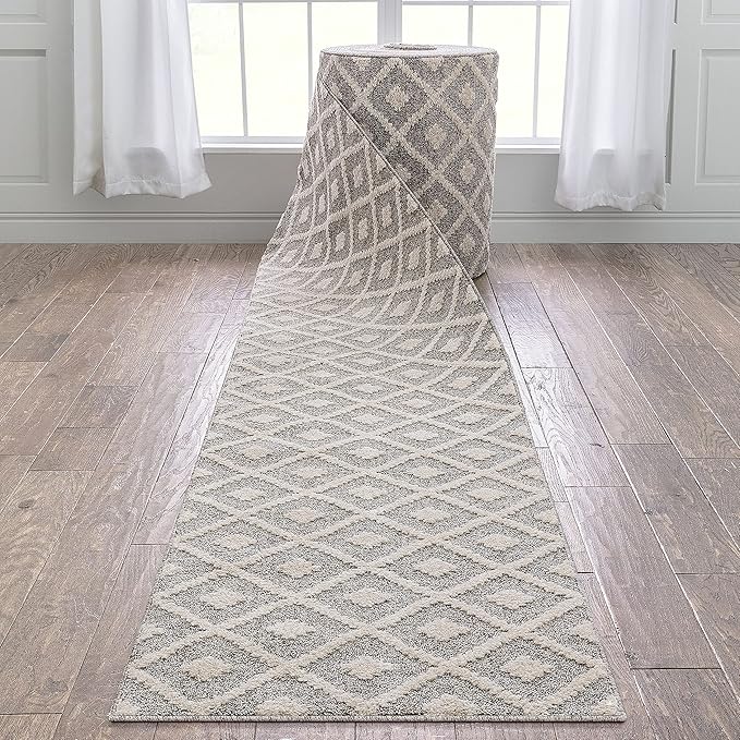 Well Woven Custom Size Hallway Stair Runner - Choose Your Length - Ainsley Ivory Diamond Trellis Geometric Tribal - 27 Inches Wide x 85 Feet Long Runner (27" x 85' Runner) Rug
