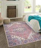 GLN Rugs Traditional Collection - Machine Washable Area Rug, Traditional Washable, Non Slip, Low Pile Chenille Rug, Living Room, Bedroom, Kitchen Rug (3' x 5' Multi Blue)