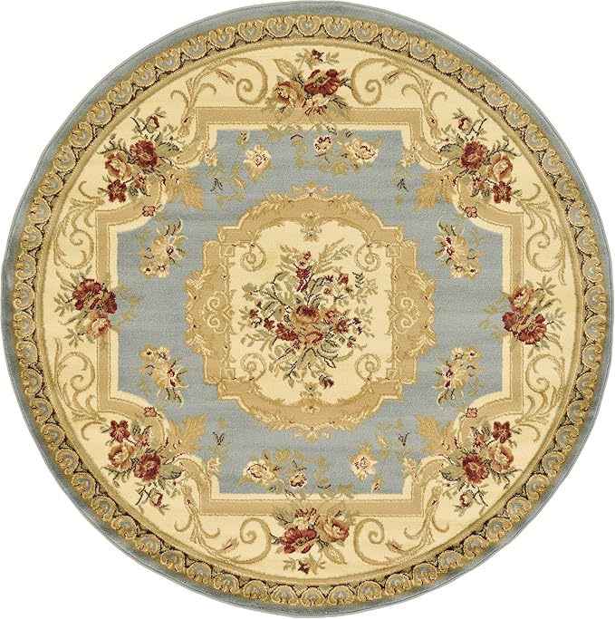 Unique Loom Versailles Collection Traditional Classic Floral Motif Area Rug (6' 0 x 6' 0 Round, Slate Blue/ Ivory)