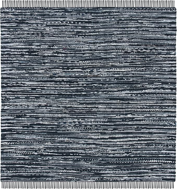 SAFAVIEH Rag Rug, Collection Area Rug - 4' Square, Black, Handmade Boho Stripe Cotton, Ideal for High Traffic Areas in Living Room, Bedroom (RAR121Z)