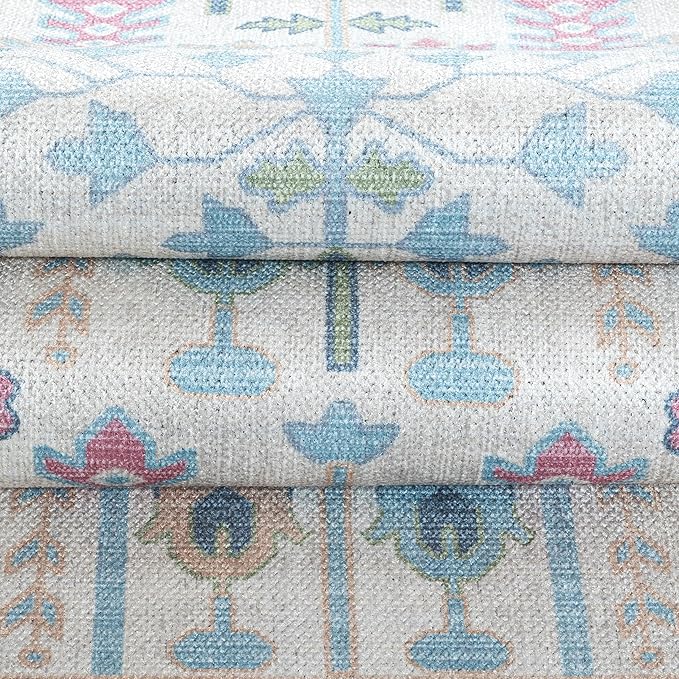Fame Living Cream Blue Oushak Rug, Modern, Vintage, Turkish, Eclectic, Floral, Pastel, Washable, Area Rugs for Living Room, Dining, Bedroom, Nursery, Girls, Boys, 5'9"x8'9"