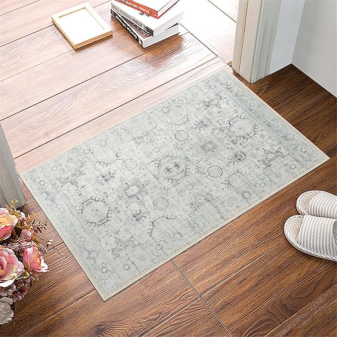 GLN Rugs Traditional Collection - Machine Washable Area Rug, Traditional Washable, Non Slip, Low Pile Chenille Rug, Living Room, Bedroom, Kitchen Rug (2' x 3' Cream/Gray/Sea Salt)