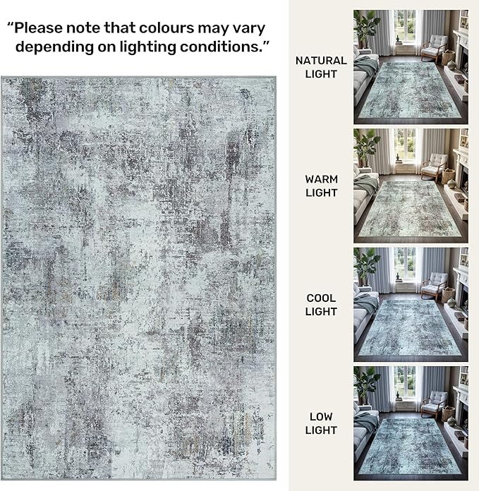 GLN Rugs Contemporary Collection - Machine Washable Area Rug, Contemporary Washable, Non Slip, Low Pile Chenille Rug, Living Room, Bedroom, Kitchen Rug (9' x 12' Grey/Green)