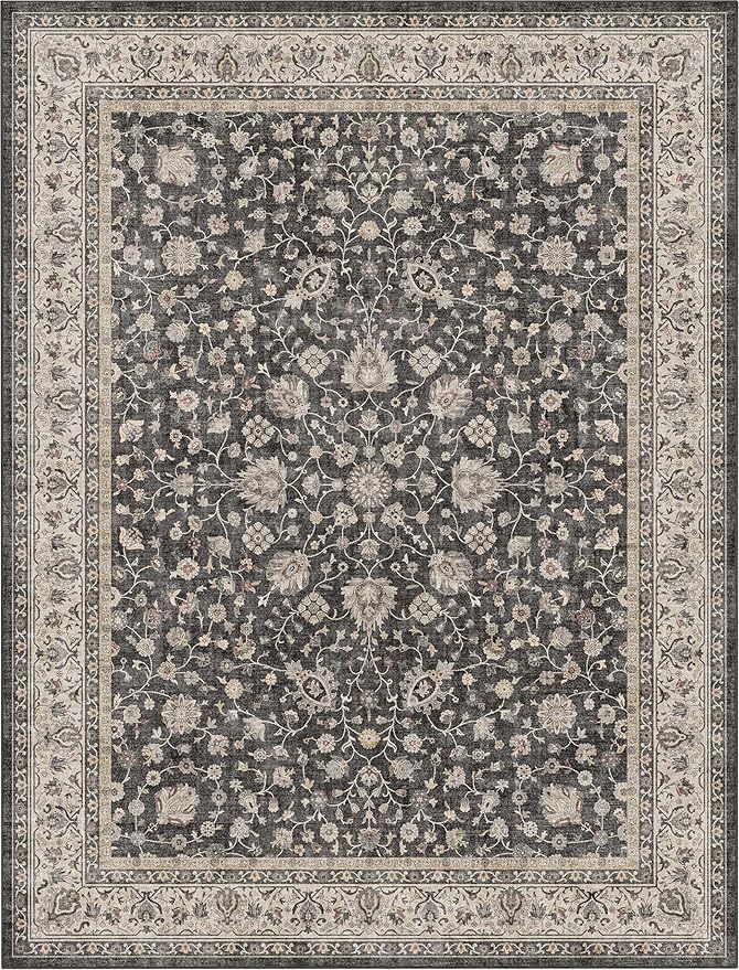 Well Woven Asha Rome Black 7'7" x 9'10" Area Rug - Oriental Floral Pattern, Easy Clean, Floor-Friendly Backing - for Living Room, Bedroom, and Dining Room