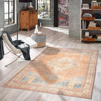 GLN Rugs Traditional Collection - Machine Washable Area Rug, Traditional Washable, Non Slip, Low Pile Chenille Rug, Living Room, Bedroom, Kitchen Rug (5' x 7' Terra/Multicolor)