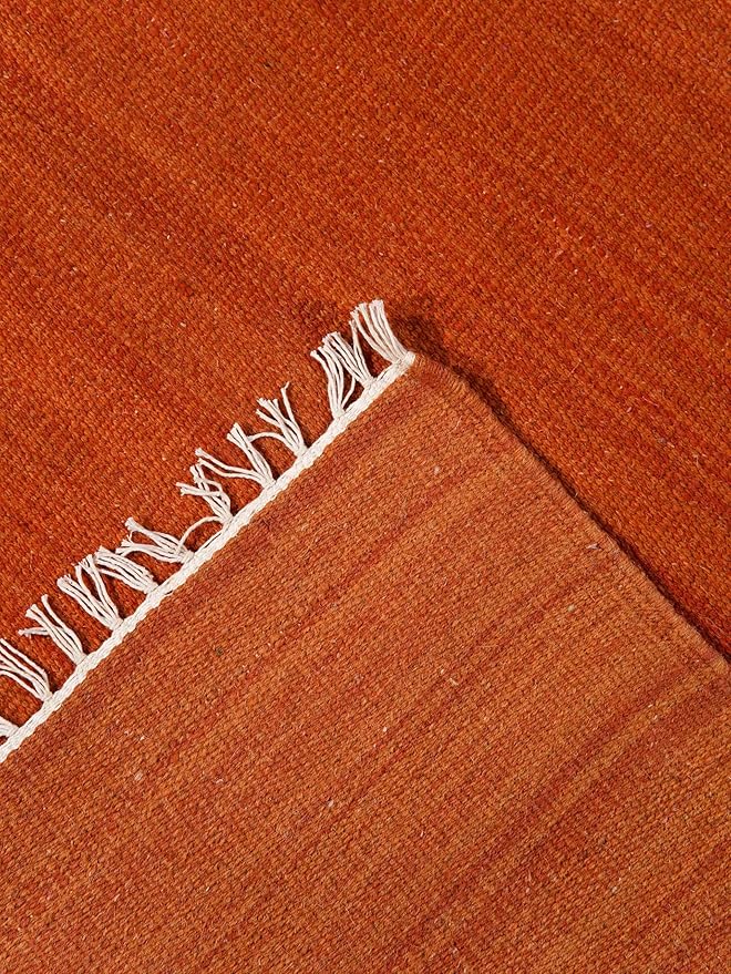 Rugsotic Carpets Hand Woven Flat Weave Kilim Wool ECO-Friendly Area Rugs - 10'x13', Rectangle Shape, Dark Orange Color, Solid Plain Design, Low Pile Handmade Rugs for Living Room (D00111)