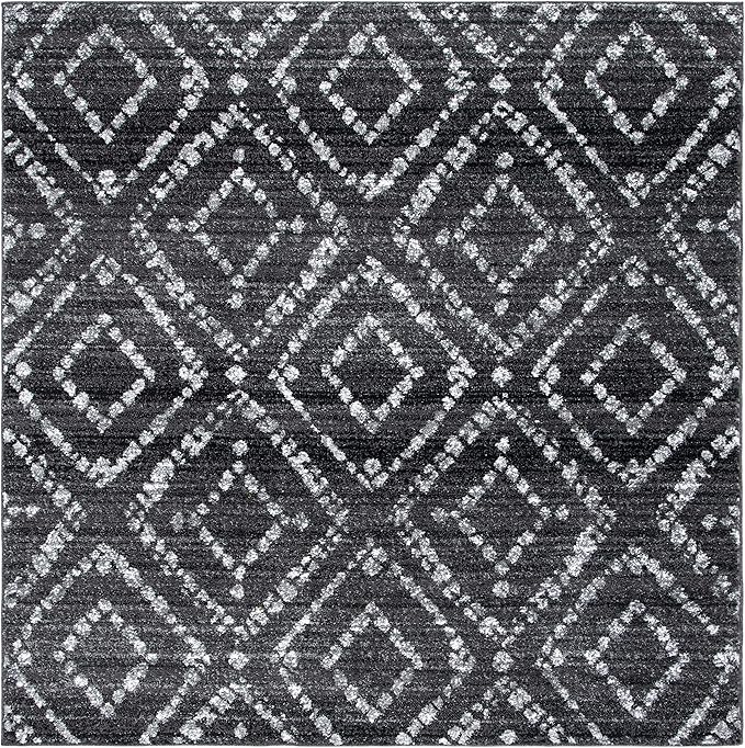 SAFAVIEH Adirondack Collection Area Rug - 6' Square, Black & Ivory, Modern Diamond Distressed Design, Non-Shedding & Easy Care, Ideal for High Traffic Areas in Living Room, Bedroom (ADR131A)