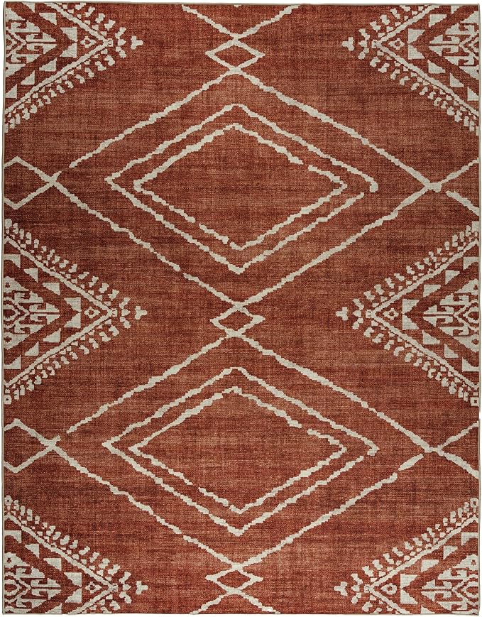 ReaLife Rugs Machine Washable Area Rug - Living Room Bedroom Bathroom Kitchen Entryway Office - Padded Low Pile Stain Resistant Premium - Moroccan Diamond Tribal - Jax - Orange 7'6" x 9'6"