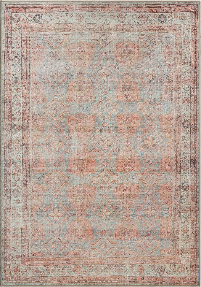 GLN Rugs Traditional Collection - Machine Washable Area Rug, Traditional Washable, Non Slip, Low Pile Chenille Rug, Living Room, Bedroom, Kitchen Rug (8' x 10' Terra/Multicolor 1153)