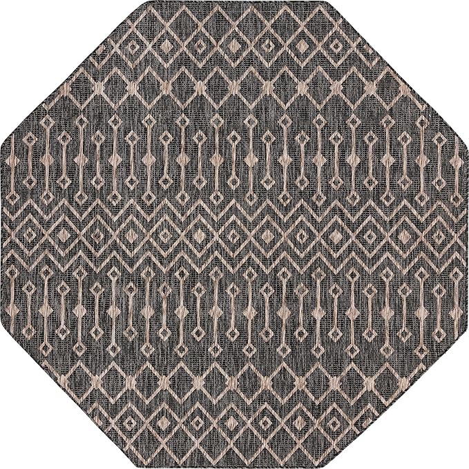 Unique Loom Outdoor Trellis Collection Area Rug - Tribal Trellis (7' 10" Octagon, Charcoal Gray/ Natural)
